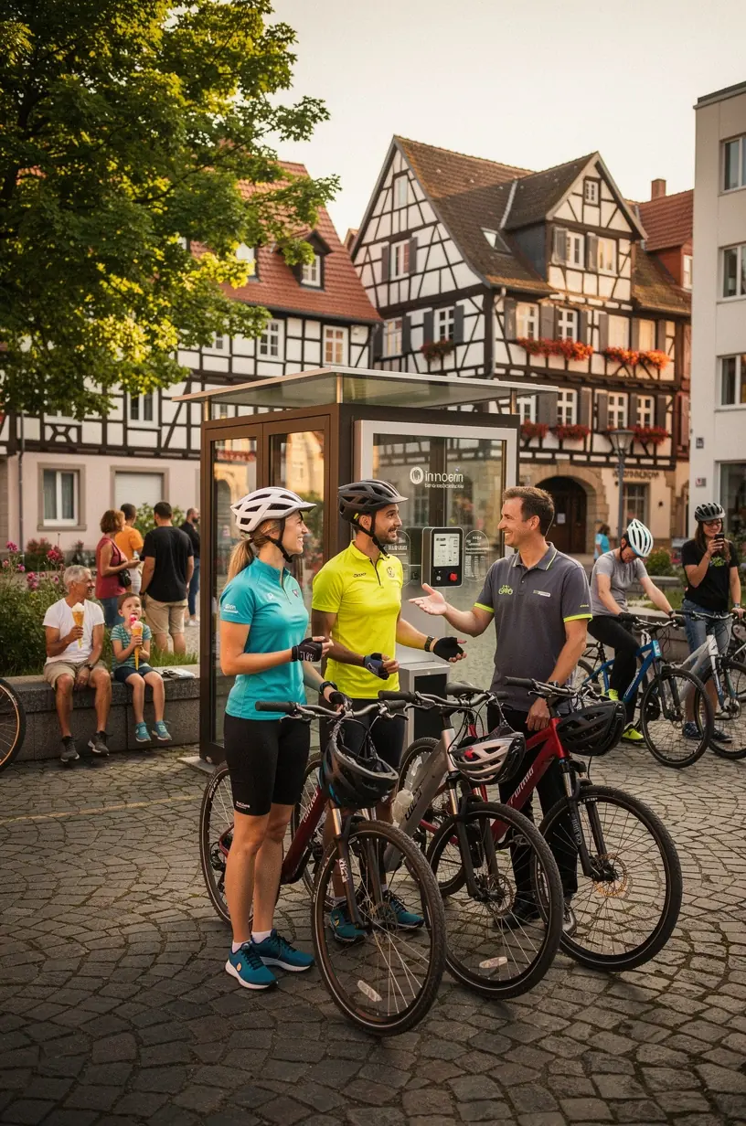 Radfahrergruppe auf einer malerischen Route entlang eines Flusses, umgeben von grüner Landschaft und klarer Wegweisung.