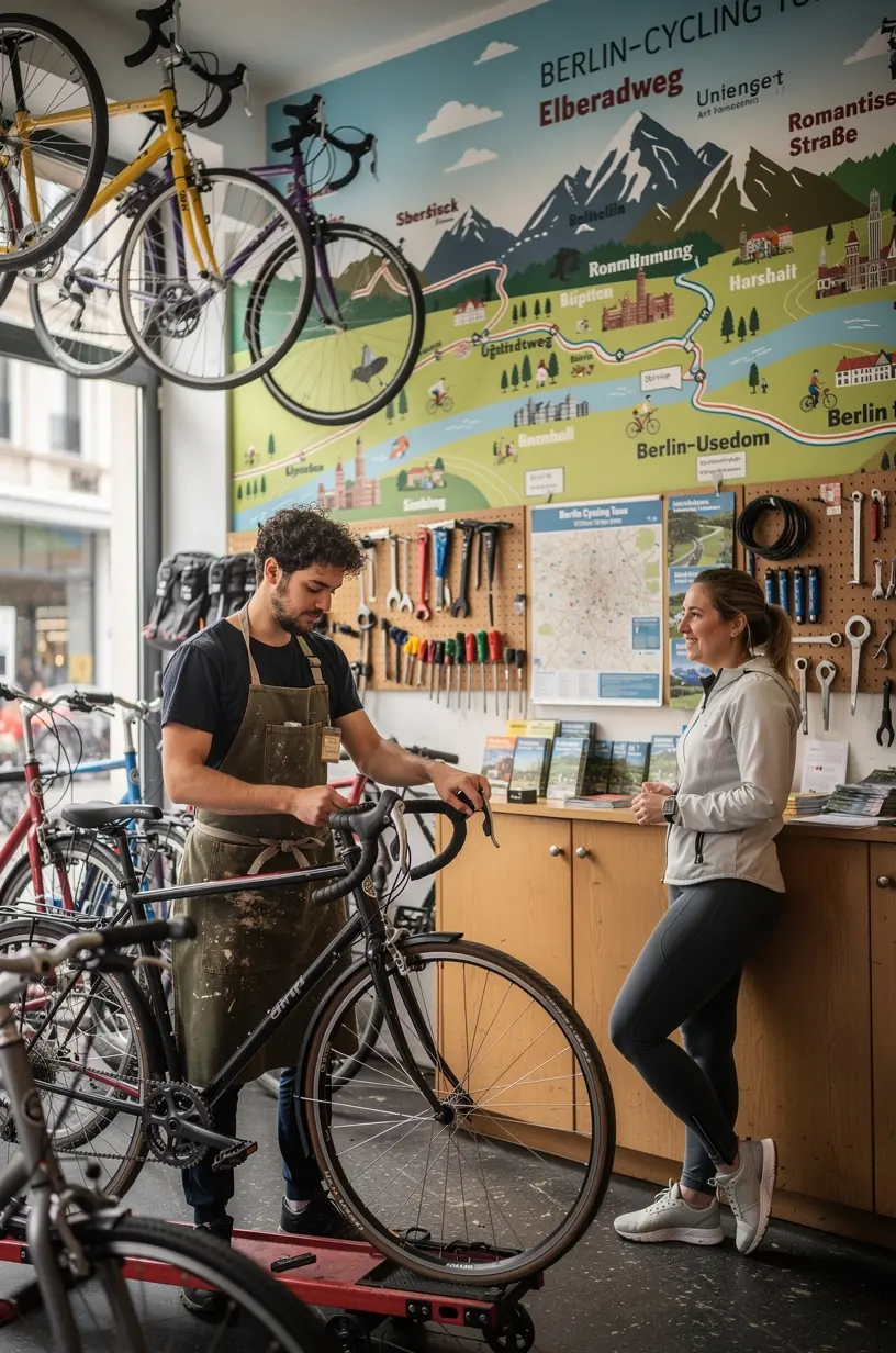 Kartendarstellung einer Fahrradroute mit hervorgehobenen Sehenswürdigkeiten, Rastplätzen und Servicepunkten für Radreisende.