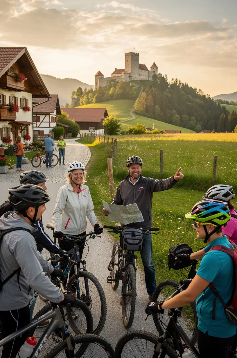 Techniker repariert ein Fahrrad in einer Servicewerkstatt nahe einem touristischen Fahrradknotenpunkt in Deutschland.